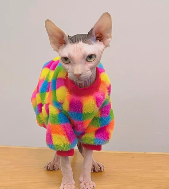 Sudadera Cálida Cuadros Rainbow para Gatos sin Pelo - Imagen 2