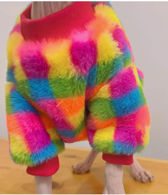 Sudadera Cálida Cuadros Rainbow para Gatos sin Pelo - Imagen 3