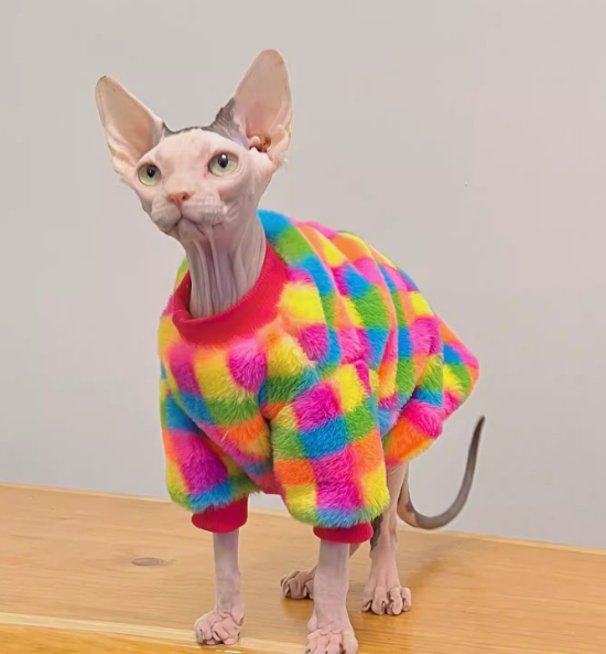 Sudadera Cálida Cuadros Rainbow para Gatos sin Pelo - Imagen 4