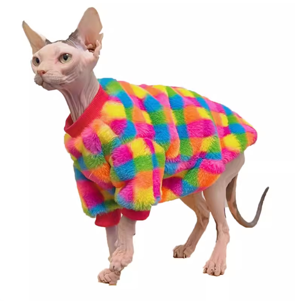 Sudadera Cálida Cuadros Rainbow para Gatos sin Pelo - Imagen 5